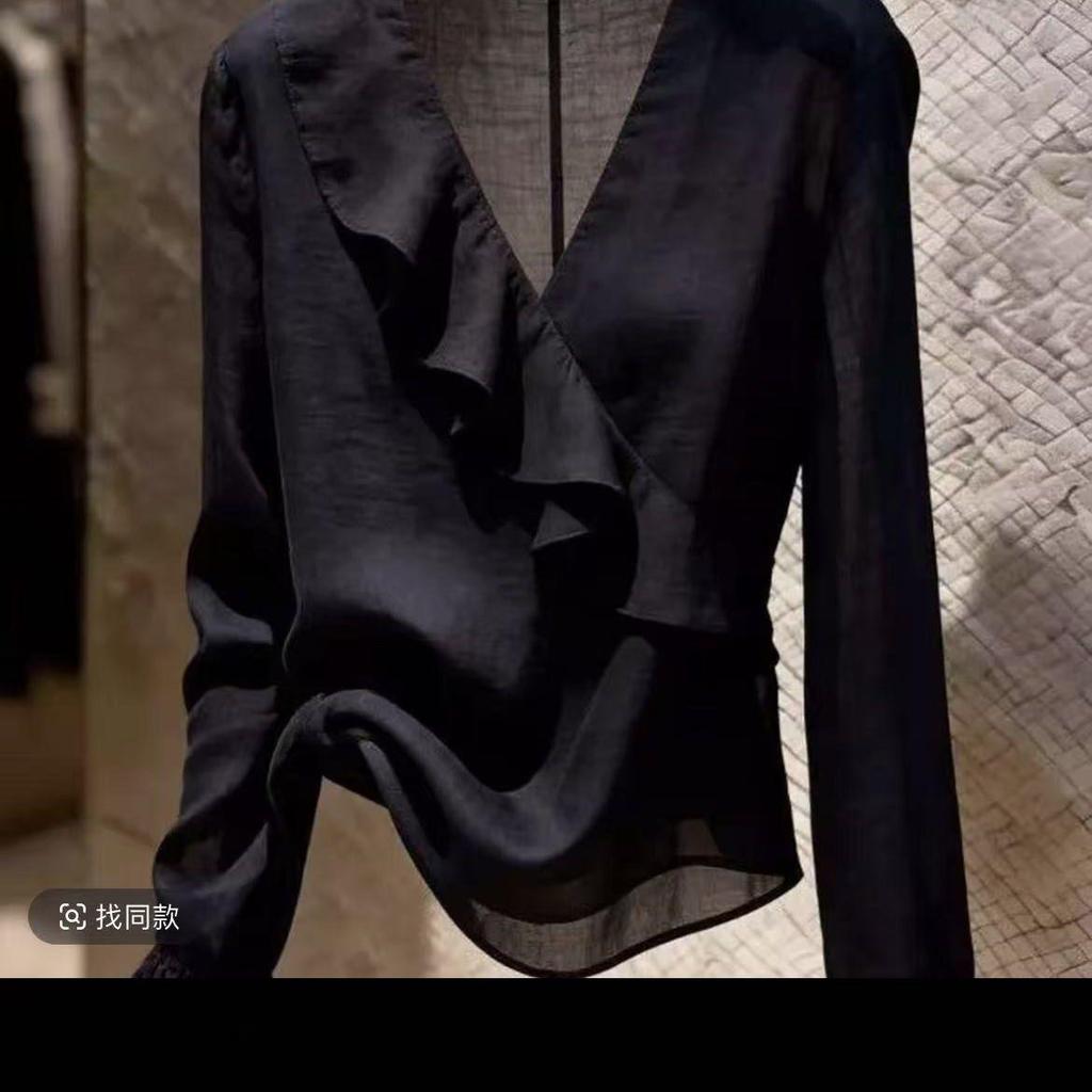 [Khuyến mãi trong thời gian có hạn] Áo sơ mi cổ chữ V màu trắng Niche cao cấp mùa hè Slimer Look dài tay Top nữ