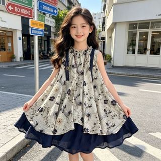 Đầm hè cho bé gái – Váy công chúa không tay, họa tiết hoa vintage, phong cách Hàn Quốc, thoáng mát