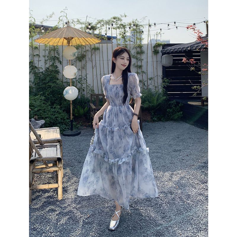 Size Lớn Pháp Phong Cách Nhẹ Nhàng Cổ Vuông Đầm Nữ Mùa Hè Phong Cách Mới Sang Trọng Váy Váy Váy Váy Váy Hoa Dài
