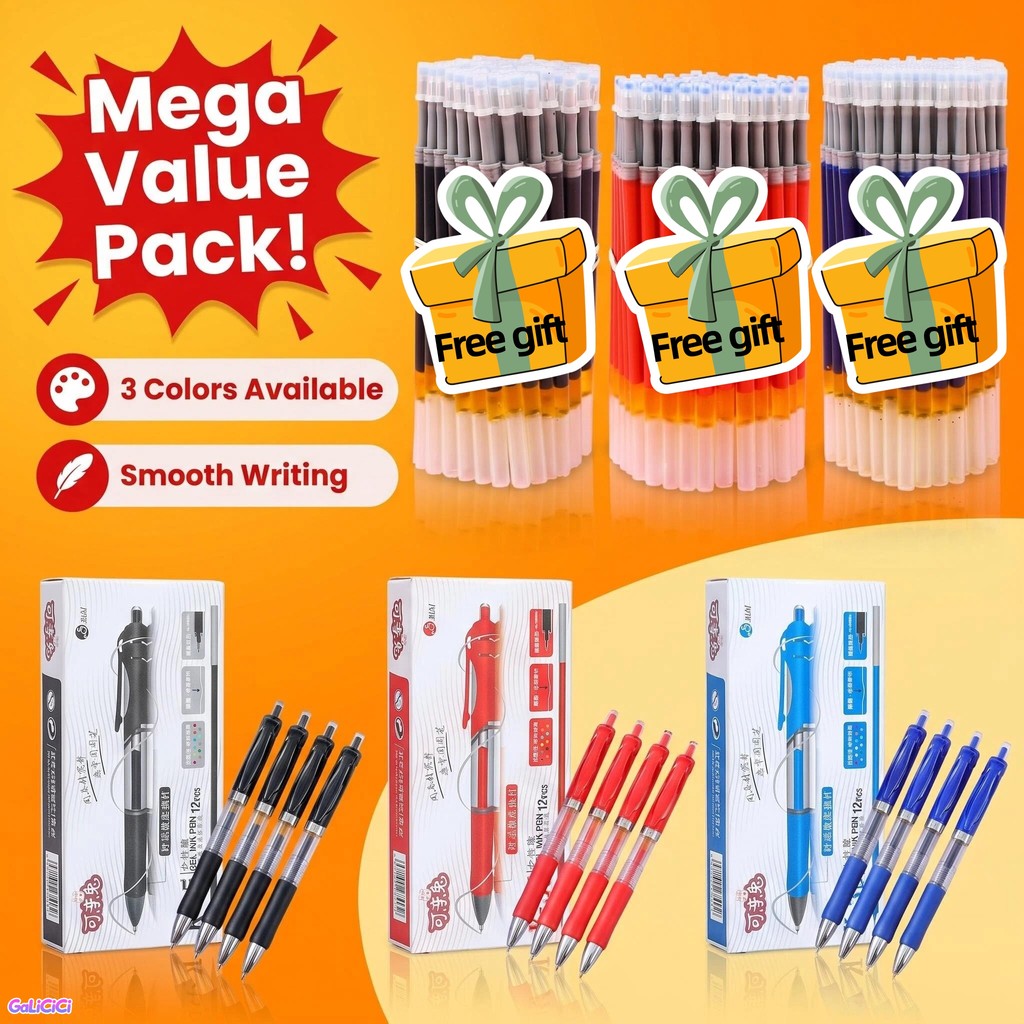 Bút gel bấm K35 0.5mm 3 màu đen xanh đỏ, tặng 12 ruột thay thế, cho học sinh văn phòng, viết nhật ký DIY