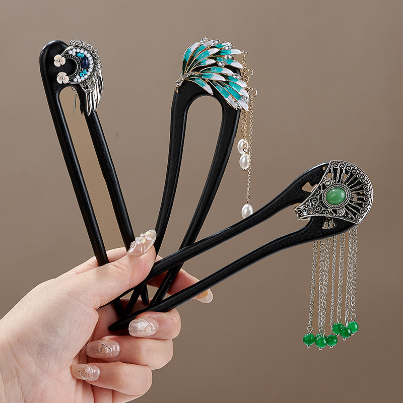 Kẹp tóc gỗ chữ U bằng cây mun, phù hợp cuộn tóc và trang phục cổ