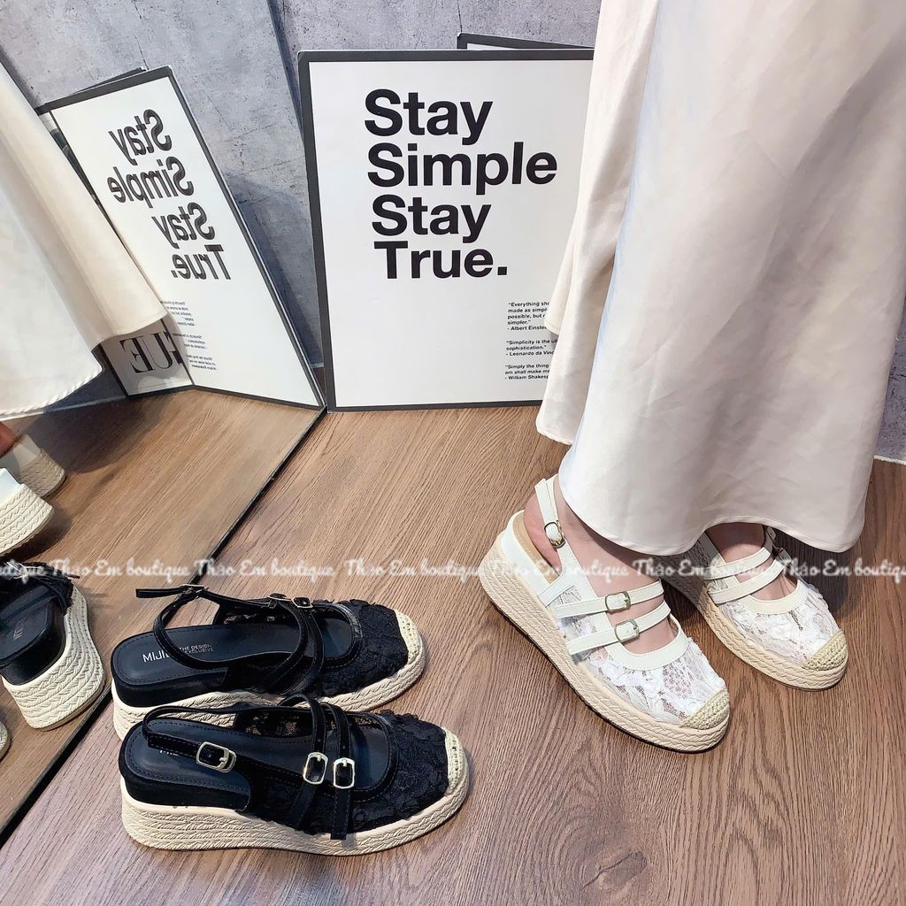 [Thảo Em - XD78-5] Sandal xuồng nữ quai hậu ren lưới đế cao su non giả cói 7cm mẫu mới