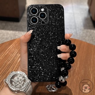 Tương thích cho iPhone 17 Air 16E 16 15 14 Plus 13 12 11 Pro Max Ốp điện thoại có dây đeo hạt màu đen Bạc lấp lánh sáng bóng Vỏ sang trọng