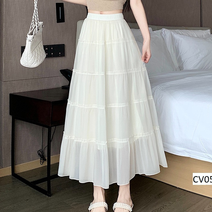 Chân Váy Dáng Dài Xòe 5 Tầng Chất Voan Tơ Phối Bèo Phong Cách Ulzzang Thời Trang- CV055 CP