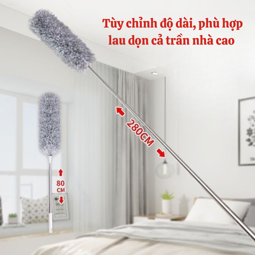 Chổi Lau Bụi Đầu Lông Xù Cán Dài Xoay 360 Độ – Cây Quét Bụi Trần Nhà, Rèm Cửa, Gầm Giường Tiện Dụng Dinohome