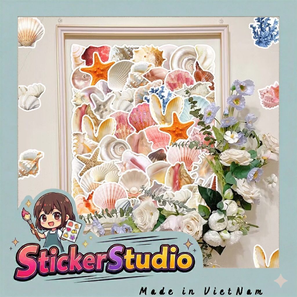 sticker các vỏ ốc và sinh vật biển