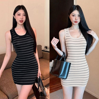 VM-Váy sát nách body Đầm ba lỗ dệt kim nữ mongtoghi kẻ ngang kiểu cổ tròn dáng ôm phong cách