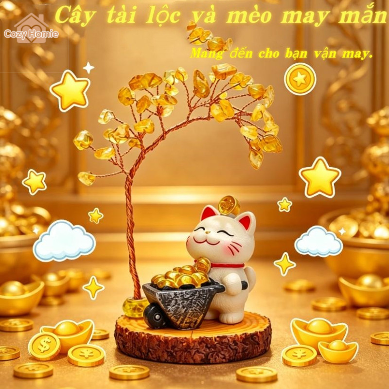Cây tài lộc với tượng mèo may mắn, đế thạch anh vàng, vật trang trí bàn làm việc.