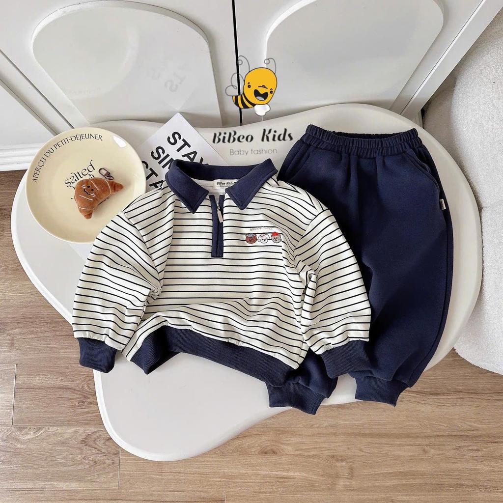 [BiBeo Kids] Bộ Quần Áo POLO THU ĐÔNG KẺ NGANG KÉO KHÓA cho bé trai ,Bộ quần áo dài tay cho bé