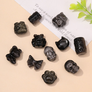 Bạc Tự Nhiên Obsidian Nhỏ Khắc Sư Tử Mèo Tách Hạt Phụ Kiện Gấu Bướm Mèo May Mắn Phụ Kiện diy Mặt Dây Chuyền NNPN