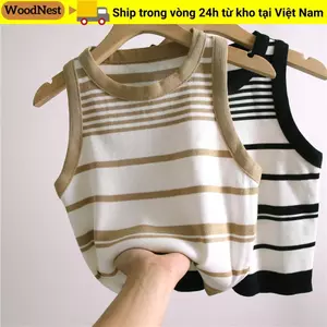 Áo thun ngắn thường ngày WOODNEST, Áo len sọc họa tiết kẻ sọc thời trang mùa hè, thời trang cổ tròn phong cách cổ điển Áo Vest nữ