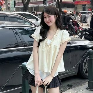 Áo form babydoll phối thân trắng liền thắt nơ dáng xuông phối viền dễ thương cho các nàng. HÀNG MỚI VỀ