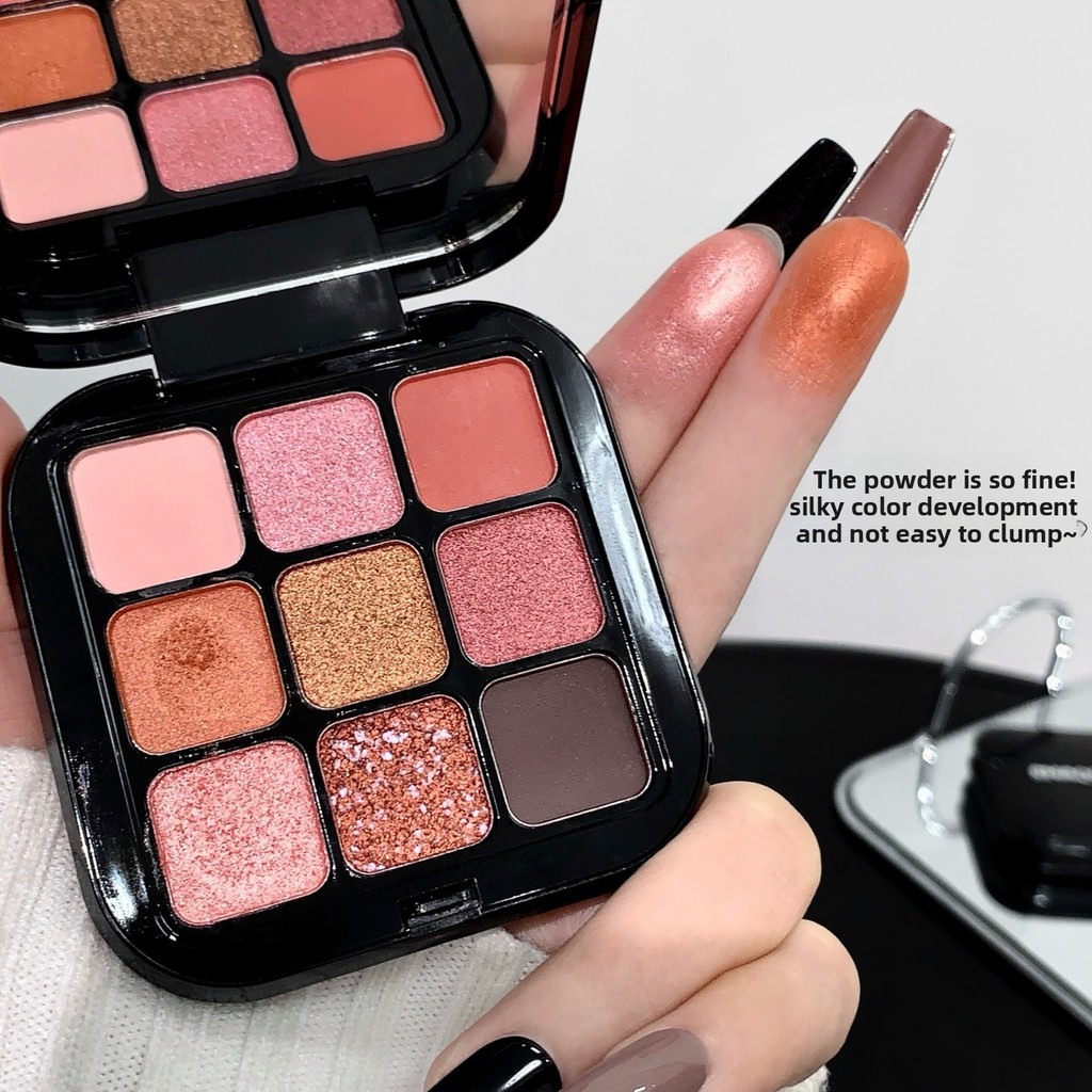 SHAQINUO Mực Đen Chín Màu Phấn Mắt Bảng Matte Pearlescent Nhấp Nháy Màu Đất Trà Sữa Màu Jiugongge Học Sinh Nằm Tơ tằm