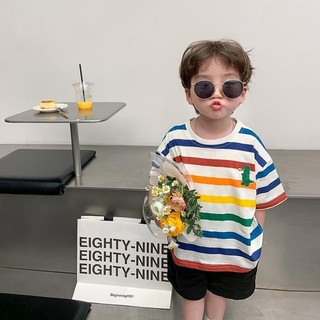 Trẻ Em Mùa Hè Phong Cách Mới Cotton Nguyên Chất Cầu Vồng Sọc Áo Thun Ngắn Tay Bé Trai Hoạt Hình Khủng Long Nửa Tay Top Bé Gái Thoải Mái Thoáng Khí Đáy Áo Sơ Mi
