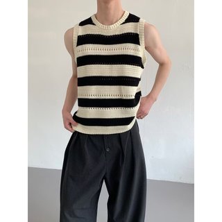 ESEA Nam Tank Top Mỹ Hợp Thời Trang Thương Hiệu Tương Phản Sọc Rỗng Dệt Kim Thoáng Khí