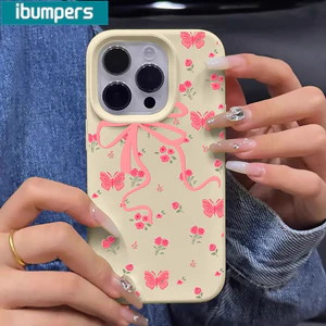 Ibumpers Ốp Điện Thoại Dễ Thương Màu Vàng Hồng Họa Tiết Nơ Hoa Silicon Mềm Chống Sốc Cho iPhone 11 12 13 14 15 16 17 Pro Max IP Plus