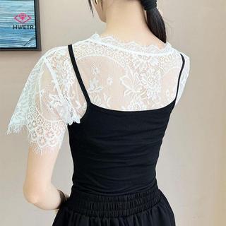 Áo sơ mi nữ có cổ giả tháo rời, thiết kế ren hoa sheer ngọt ngào