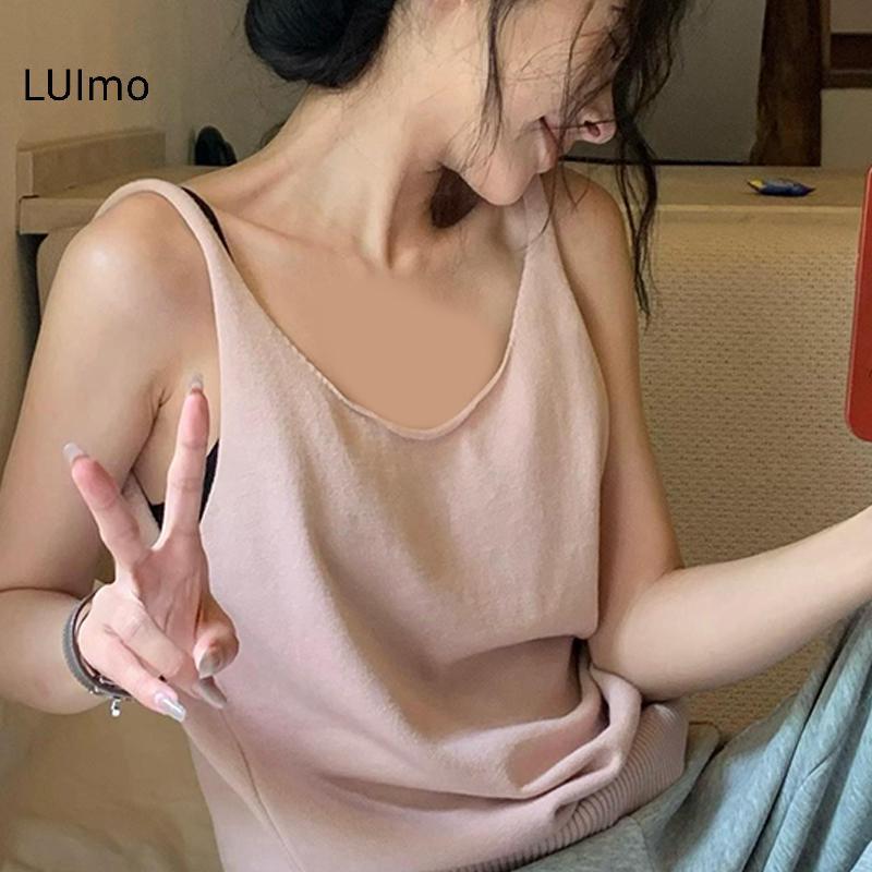 Camisole dệt kim cổ chữ V không tay màu cam dành cho nữ, phù hợp mùa hè