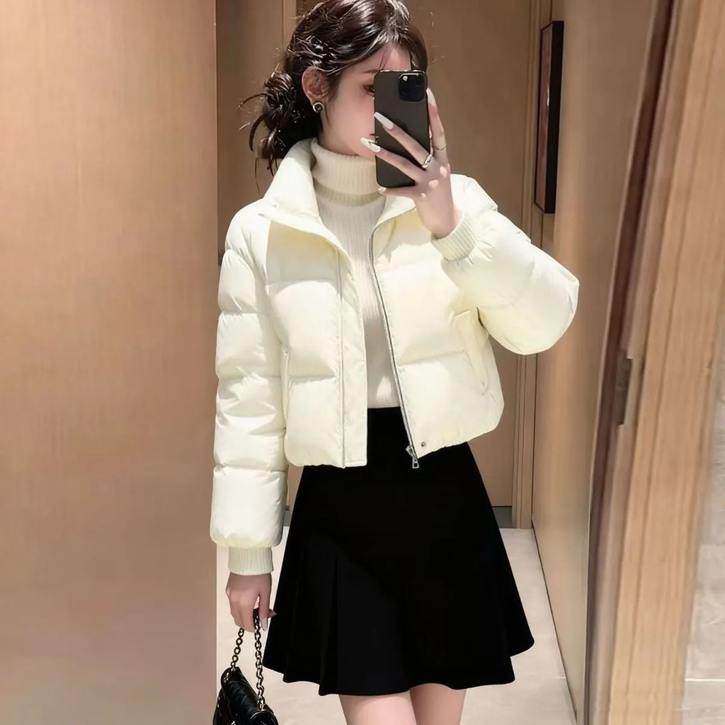 Áo khoác mùa đông nữ mới ngắn trắng Cotton đứng cổ dây kéo mỏng ấm áp
