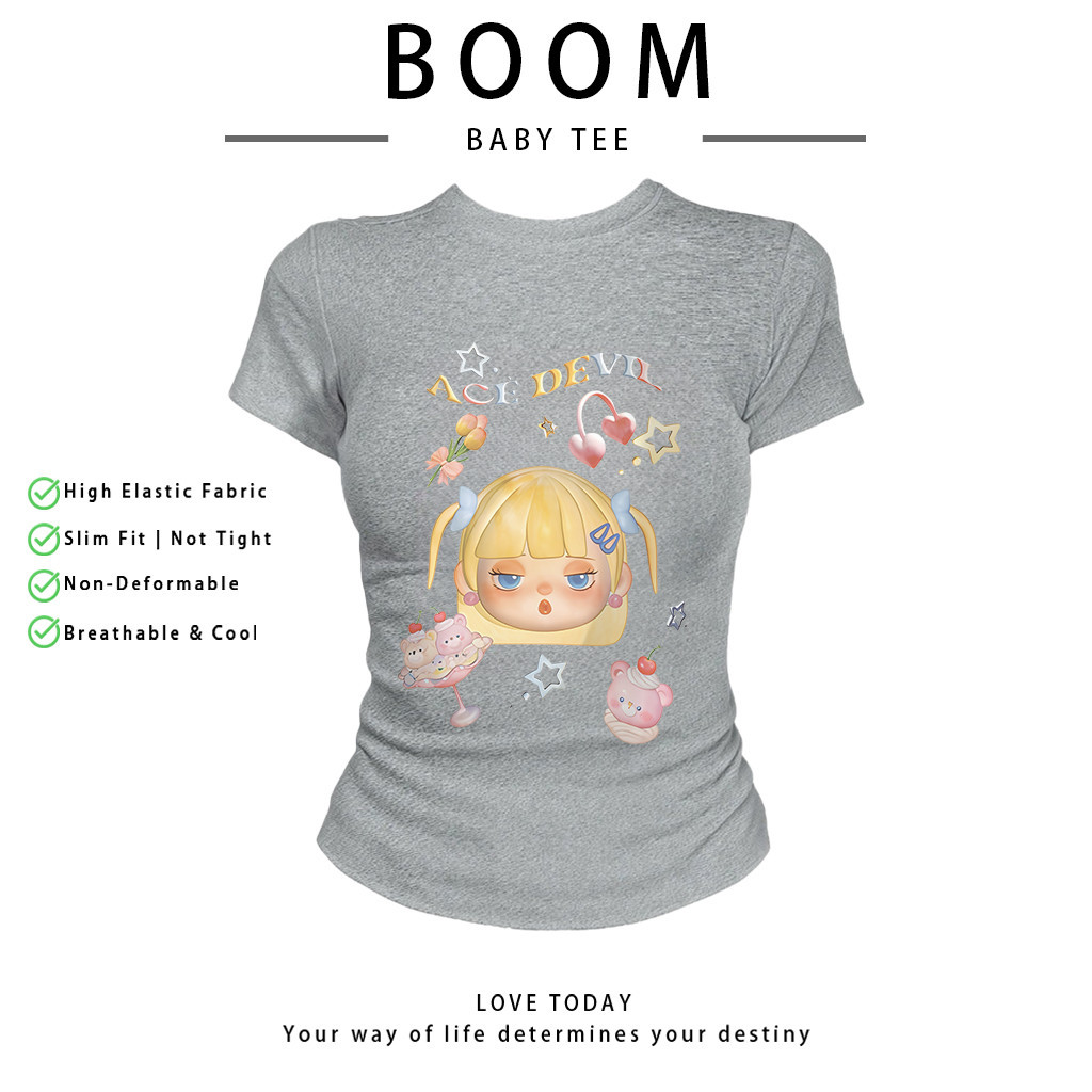BOOM Áo Baby Tee Nữ Cotton Ôm Body-Áo Thun Ngắn Tay Y2K In Hình PhongCách Mùa Hè, Cổ Tròn Hàng Đầucách hàn quốc phongC41