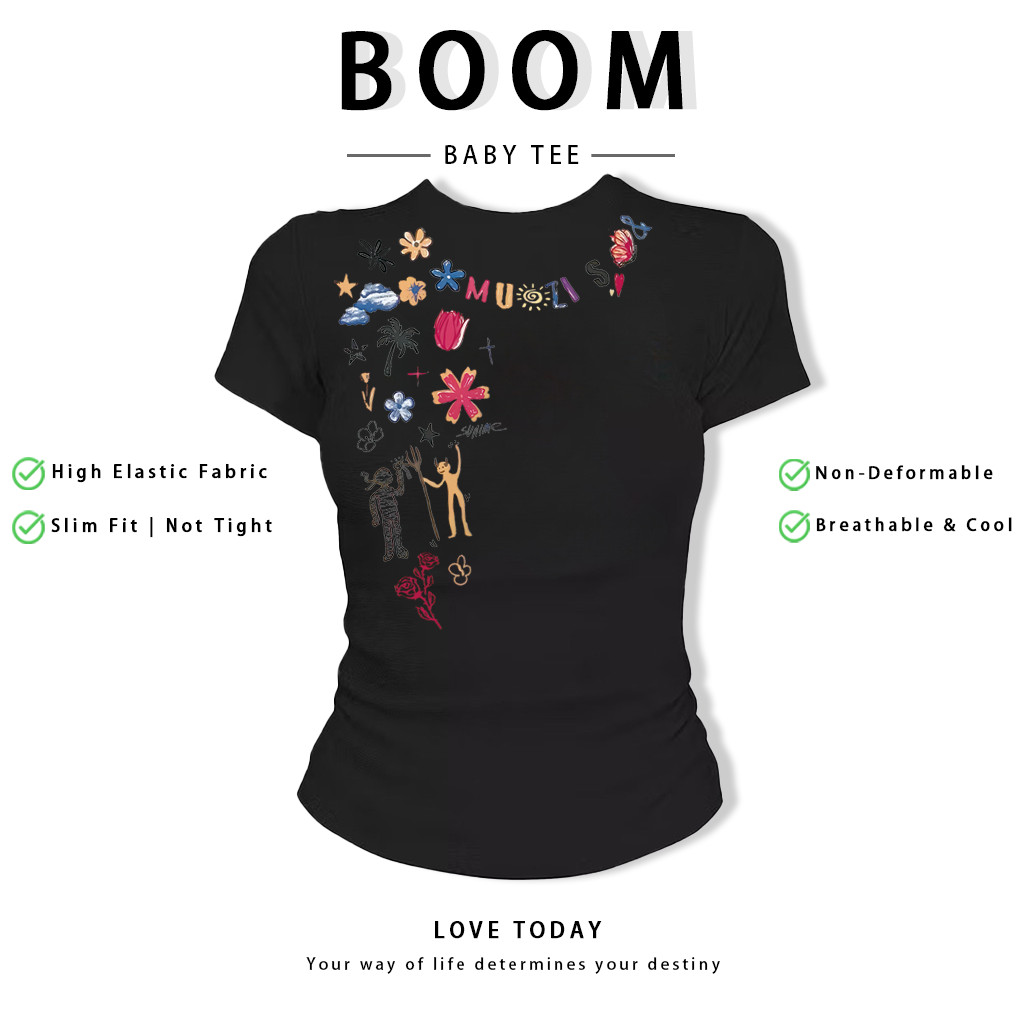 BOOM Áo Baby Tee Nữ Cotton Ôm Body-Áo Thun Ngắn Tay Y2K In Hình PhongCách Mùa Hè, Cổ Tròn Hàng Đầucách hàn quốc phongC51