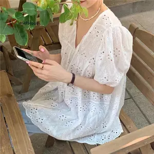 < WHPHous-t > Áo Sơ Mi Nữ Rỗng Tay Phồng Đầm Phù Hợp Với Ren V-ne Mỏng Mùa Hè Rời Thời Trang Chắc Chắn Đơn Giản Thường Ngày Nữ Thoáng Khí Ấm Áp Ins Đầm Mini Đẹp
