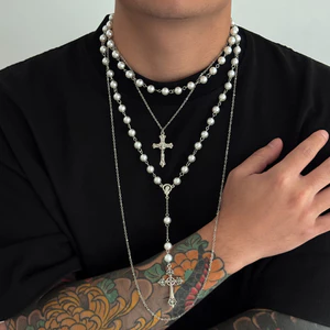Vòng cổ nhiều lớp ngọc trai chéo thân thiện với môi trường dành cho nam - K / Đen trắng nhiều lớp - Có thể điều chỉnh 31-40cm - Tay ôm hông sang trọng nhẹ