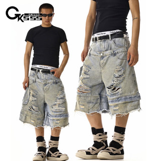 Quần short denim nam GKSSS Thương hiệu hợp thời trang Mỹ đục lỗ nặng chất lượng cao trung tính