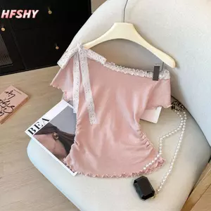 HFSHY Thời Trang Slim Off-Shoulder Ren Ngắn Tay Áo Thun Nữ Mùa Hè VN