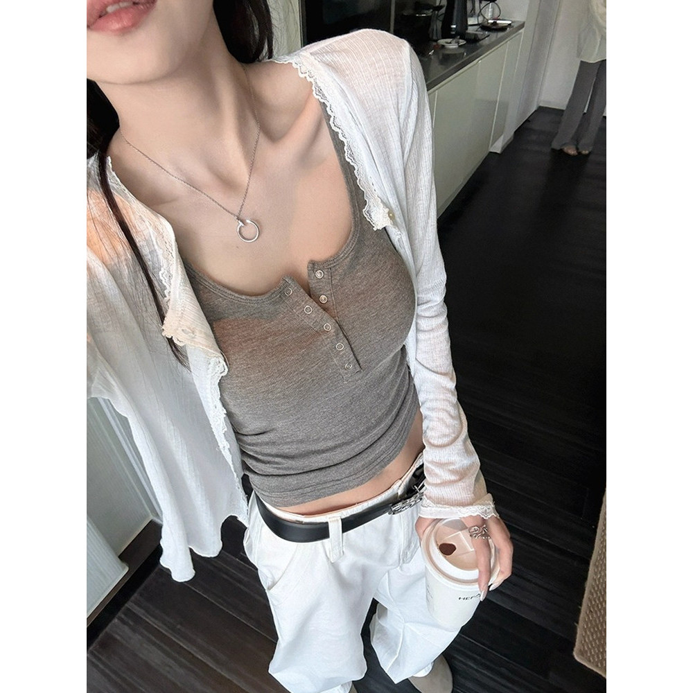 SUXI Áo len dệt kim dài tay ren nhẹ nhàng mùa hè mới dành cho nữ 260520