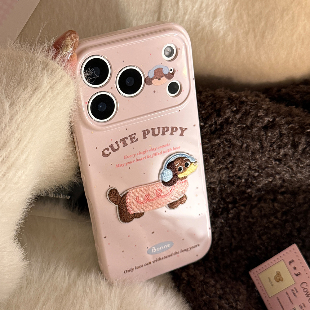 Ốp điện thoại hình chú chó mèo thêu 3D hình trái tim tình yêu cho iPhone 17 Pro Max 16 15 14 13 12 Vỏ bảo vệ chống sốc