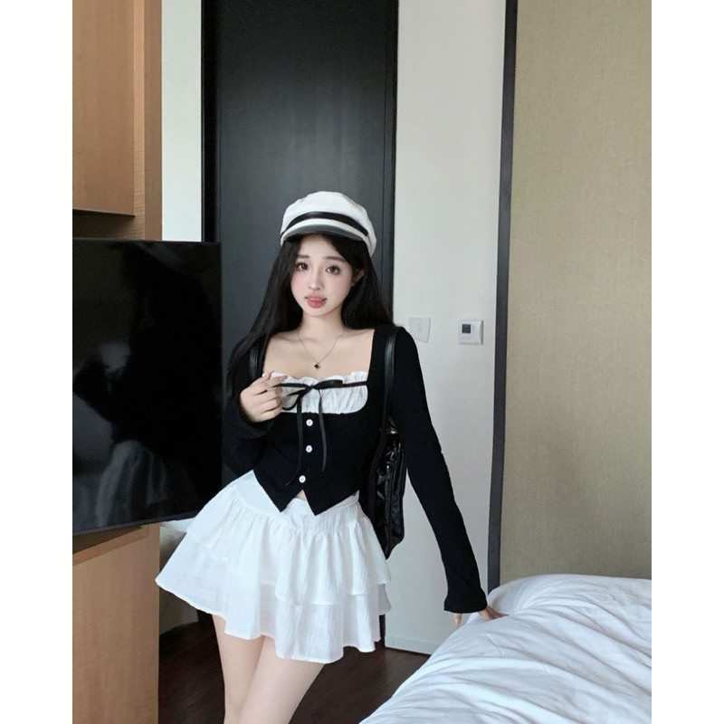 [ SB-150 ] Sét bộ 2 món áo babydoll thắt nơ phối chân váy lưng thun eo 58-75cm Free Size dưới 54kg hot top Kem Women