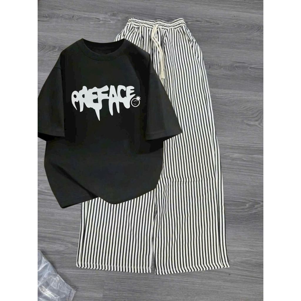 Bộ quần ống rộng kẻ sọc Chất Đũi Xốp+ và áo phông cotton dày dặn-3 ngôi sao