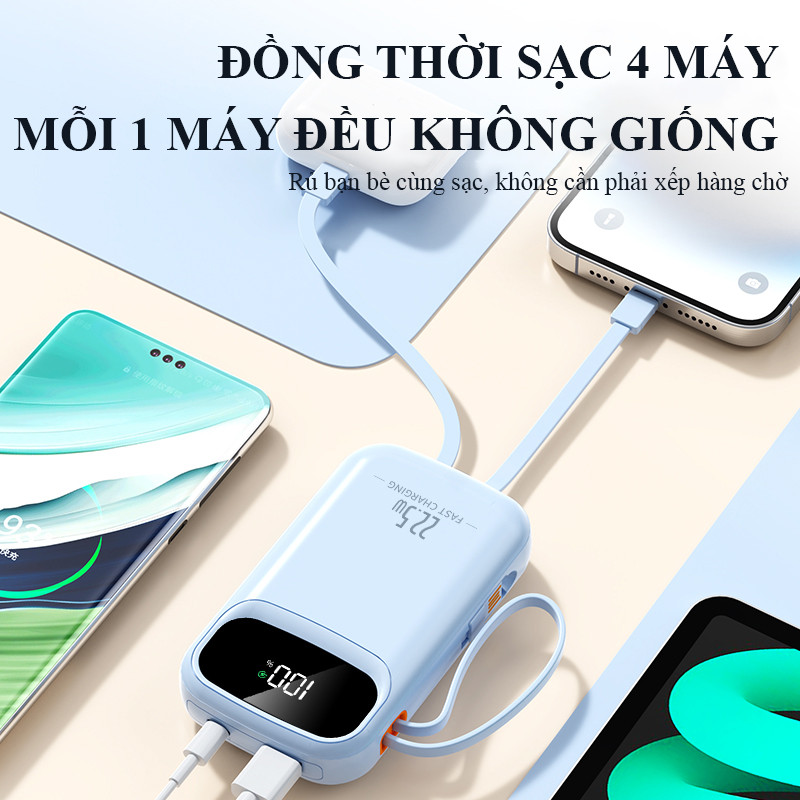 Sạc Dự Phòng 30000mAh Sạc Nhanh PD 22.5W Tự Tích Hợp Dây Đôi Quai Xách Màn Hình LED Đa Năng