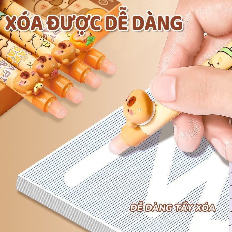 Bút mực xoá được họa tiết Capybara cute – Bút gel ngòi 0.5mm mực xanh, viết êm không mỏi tay, lý tưởng cho học sinh dùng