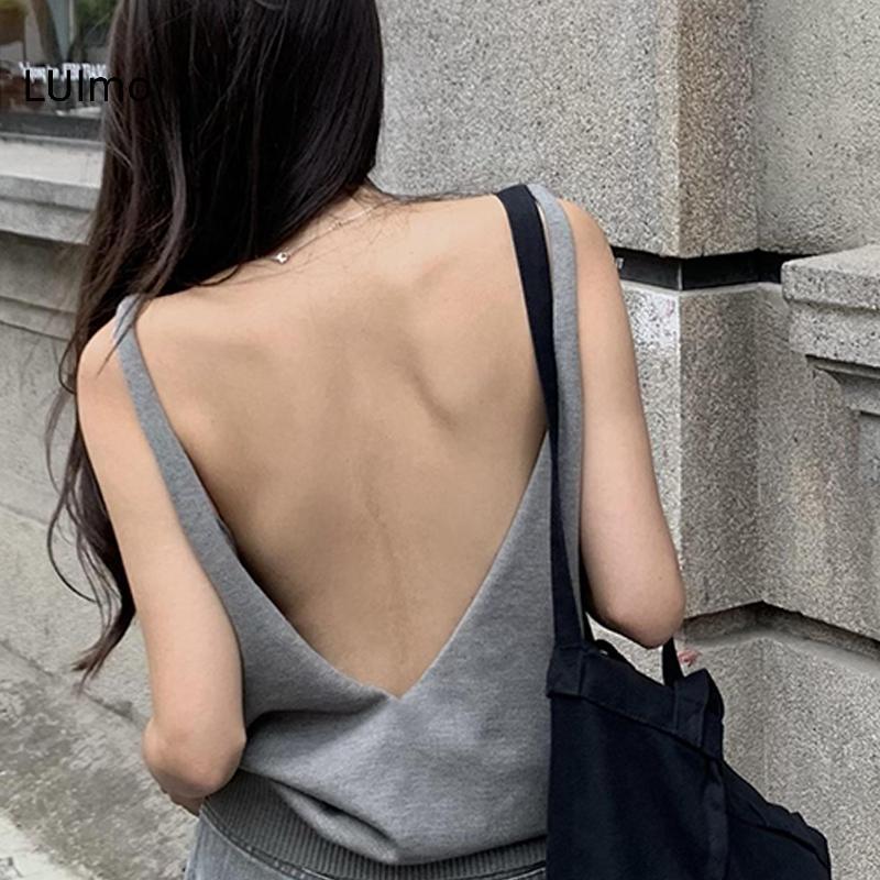 Camisole dệt kim cổ chữ V không tay màu cam dành cho nữ, phù hợp mùa hè
