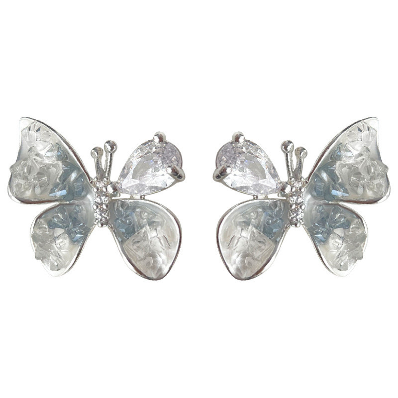 Bông Tai Bướm Bạc 925 với Kim Zircon và Thủy Tinh Pha Lê Màu Gradient - Style Thanh Lịch và Ngọt Ngào Mori