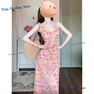 Đầm dây hoa hồng phong cách Pháp cho phụ nữ, váy dài đi biển nghỉ dưỡng cao cấp, thanh lịch