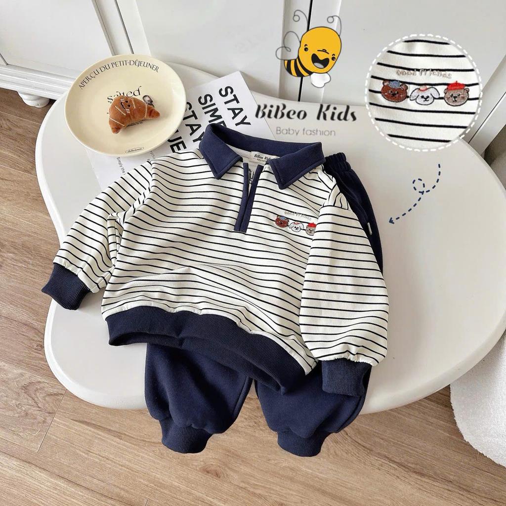 [BiBeo Kids] Bộ Quần Áo POLO THU ĐÔNG KẺ NGANG KÉO KHÓA cho bé trai ,Bộ quần áo dài tay cho bé