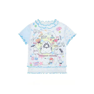 Milyfashion Pure Desire Graffiti Little Ghost Polka Dot In Hình Nấm Cạnh Áo Thun Tay Ngắn Mỏng Giả Hai Mảnh Kem Chống Nắng Ngắn Top IUJQ