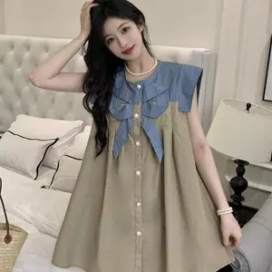 Đầm Denim tay bay nhỏ giảm tuổi Nơ Nữ Mùa hè Phong cách mới Thời trang tươi mát Người đàn ông nhỏ bán chạy