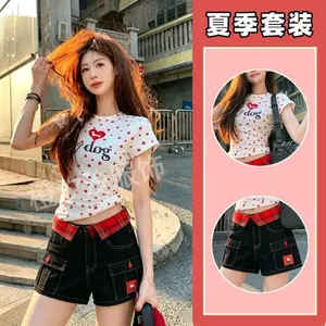 Mùa hè tươi mát phong cách mỏng in hình tình yêu Quần Short Denim tay ngắn phù hợp với nữ