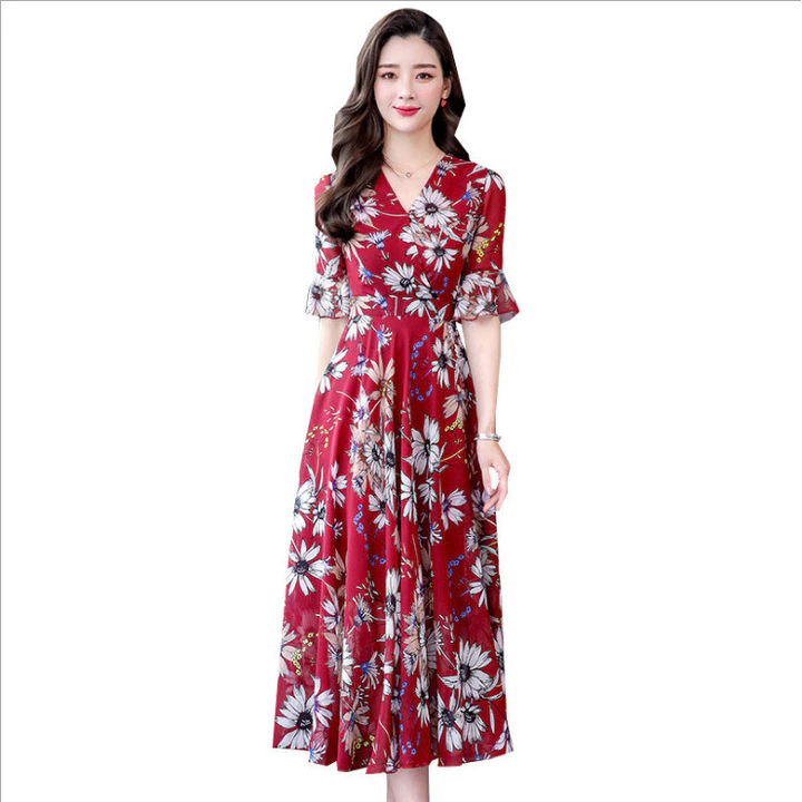 Váy dài qua gối họa tiết hoa mùa hè dành cho nữ, váy in họa tiết, váy ngắn tay cổ chữ V dài vừa phải, váy chữ A tay chuô