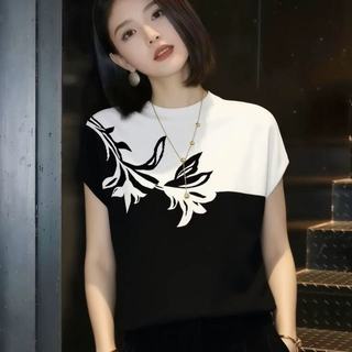 Dệt Kim Nữ Tay Ngắn Nữ Mỏng Đen Tính Khí Thời Trang Phù Hợp Với Phiên Bản Hàn Quốc Đi Lại Đơn Giản Đẹp Áo Thun 2