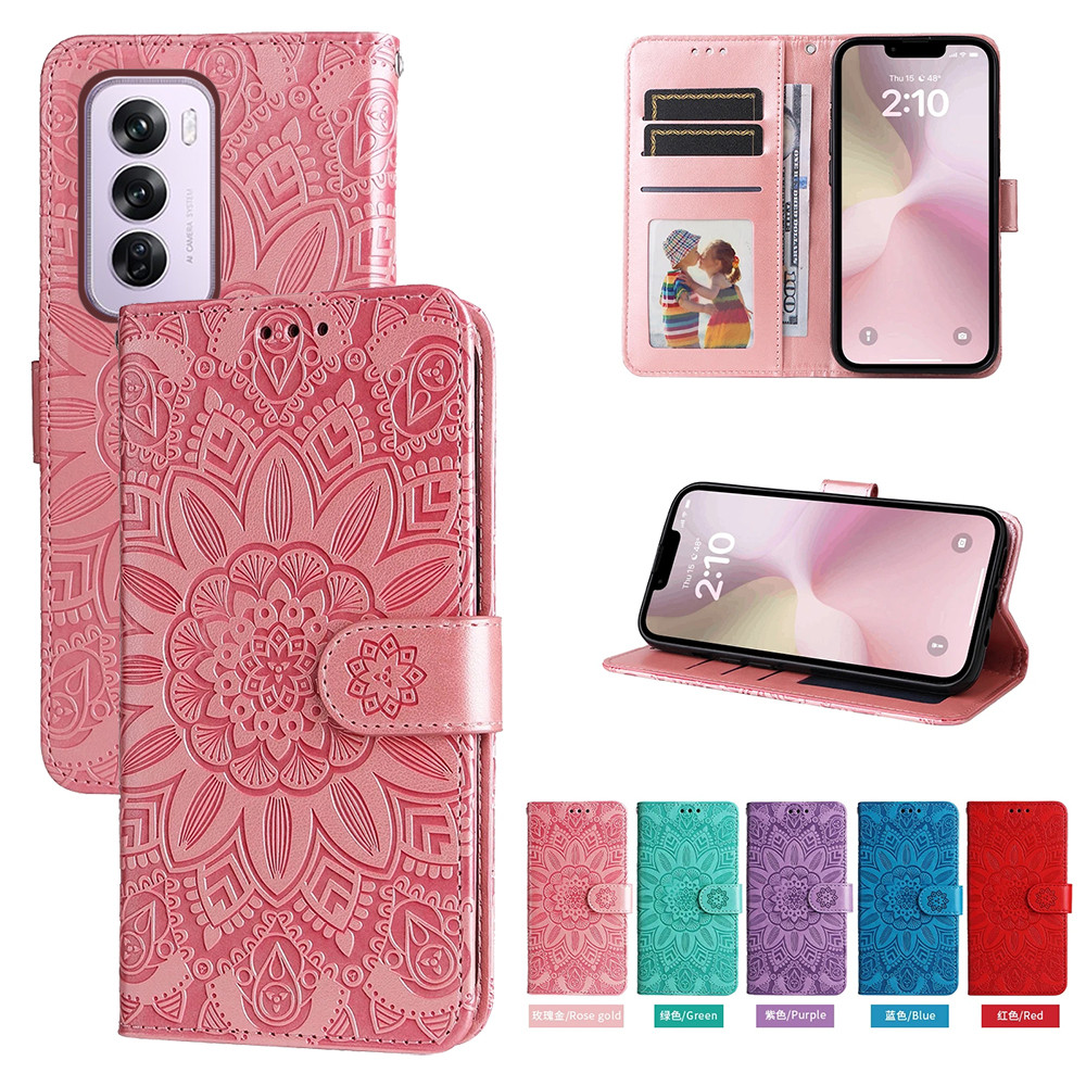 Ví da từ tính Flip Case cho OPPO Reno12 Reno 12 Pro 5G Vỏ điện thoại hoa hướng dương dập nổi