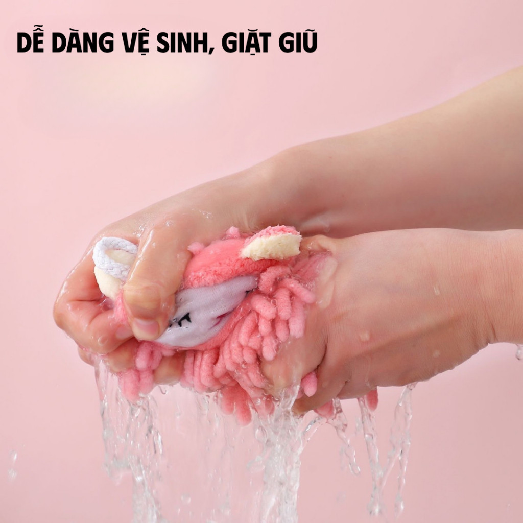 Khăn Lau Tay Vải San Hô Treo Tường Hình Thú Dễ Thương - Khăn Thấm Nước Nhanh, Mềm Mại, Có Dây Treo Cho Nhà Bếp
