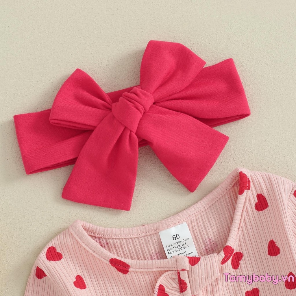 Trẻ Sơ Sinh Bé Gái Ngày Lễ Tình Nhân Áo liền quần Tay Dài Xù In Hình Trái Tim Zip Up Romper Có Nơ Băng Đô