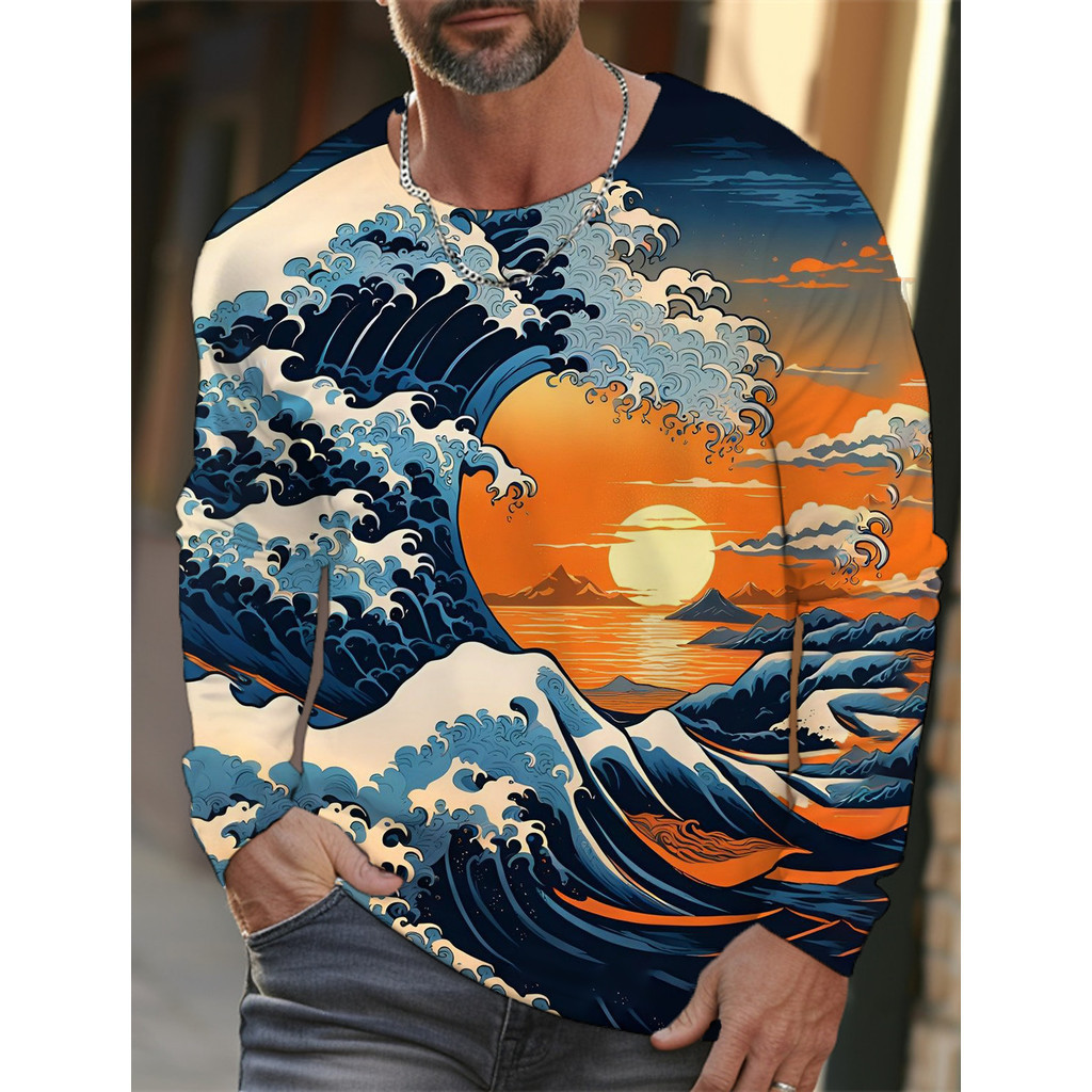 Áo thun nam dài tay in 3D Ukiyoe Wave Cat | Phong cách mùa thu 2025