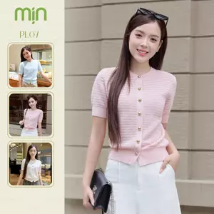 Áo len nữ cộc tay cổ tròn Mịn VN dệt ngang mềm thoáng khí mùa hè, form ôm nhẹ, màu hồng pastel PL07 (1)