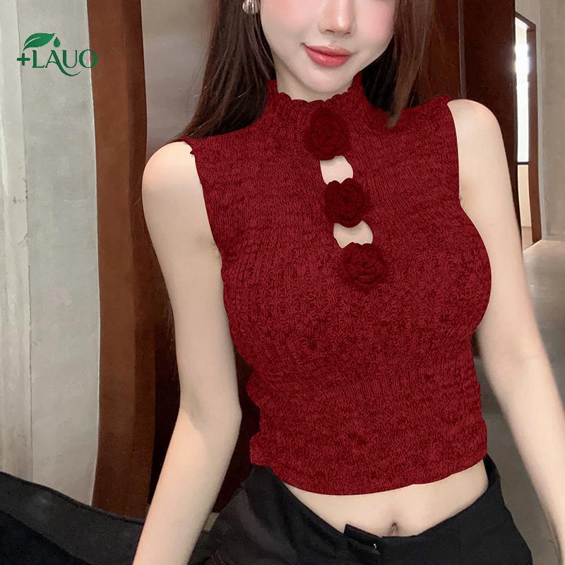 Springevenstar Không Tay Áo Dệt Kim Xe Tăng Crop Tops Rỗng Ra 3D Hoa Camis Quần Áo Nữ Thời Trang Gợi Cảm Chắc Chắn Y2k Vest Springevenstar